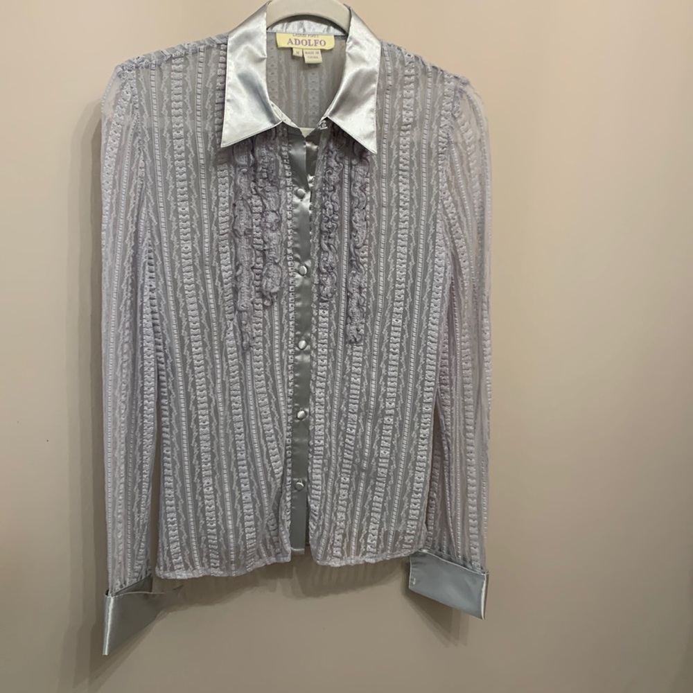 Adolfo Ladies First Vintage Embroidered Silver Gray Long Sleeve Satin Blouse M